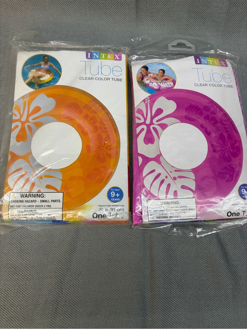 Intex set of two clear color tube ages 9+ 36 inches one pink one orange tropical